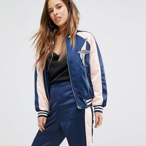 Boohoo Satin Bomber Jacket with Bird Appliqué